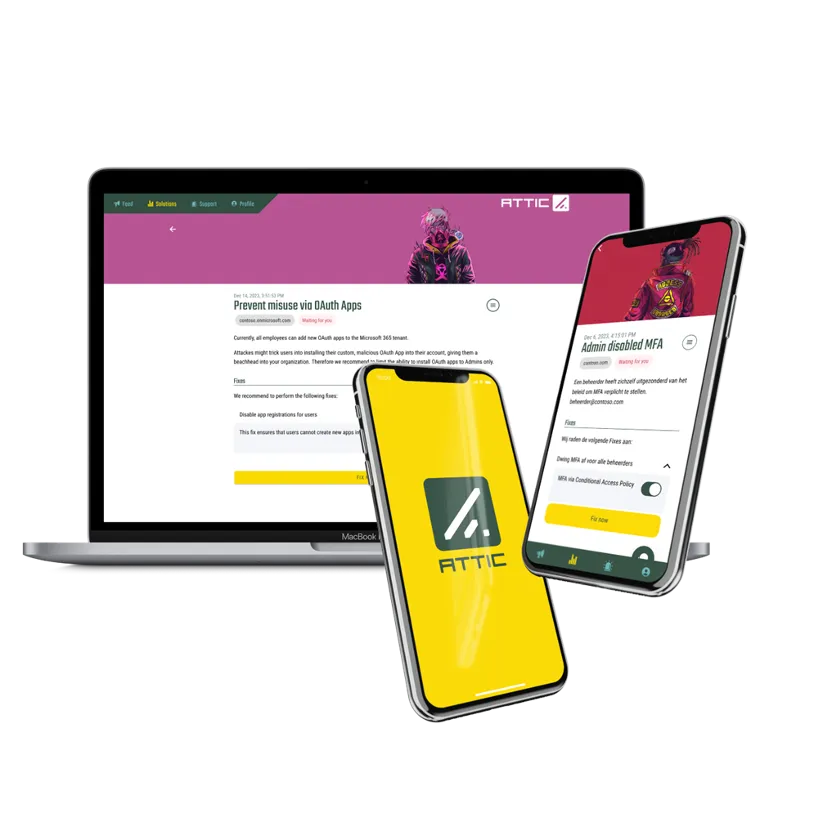 Attic Security — dashboard op laptop en mobiele app